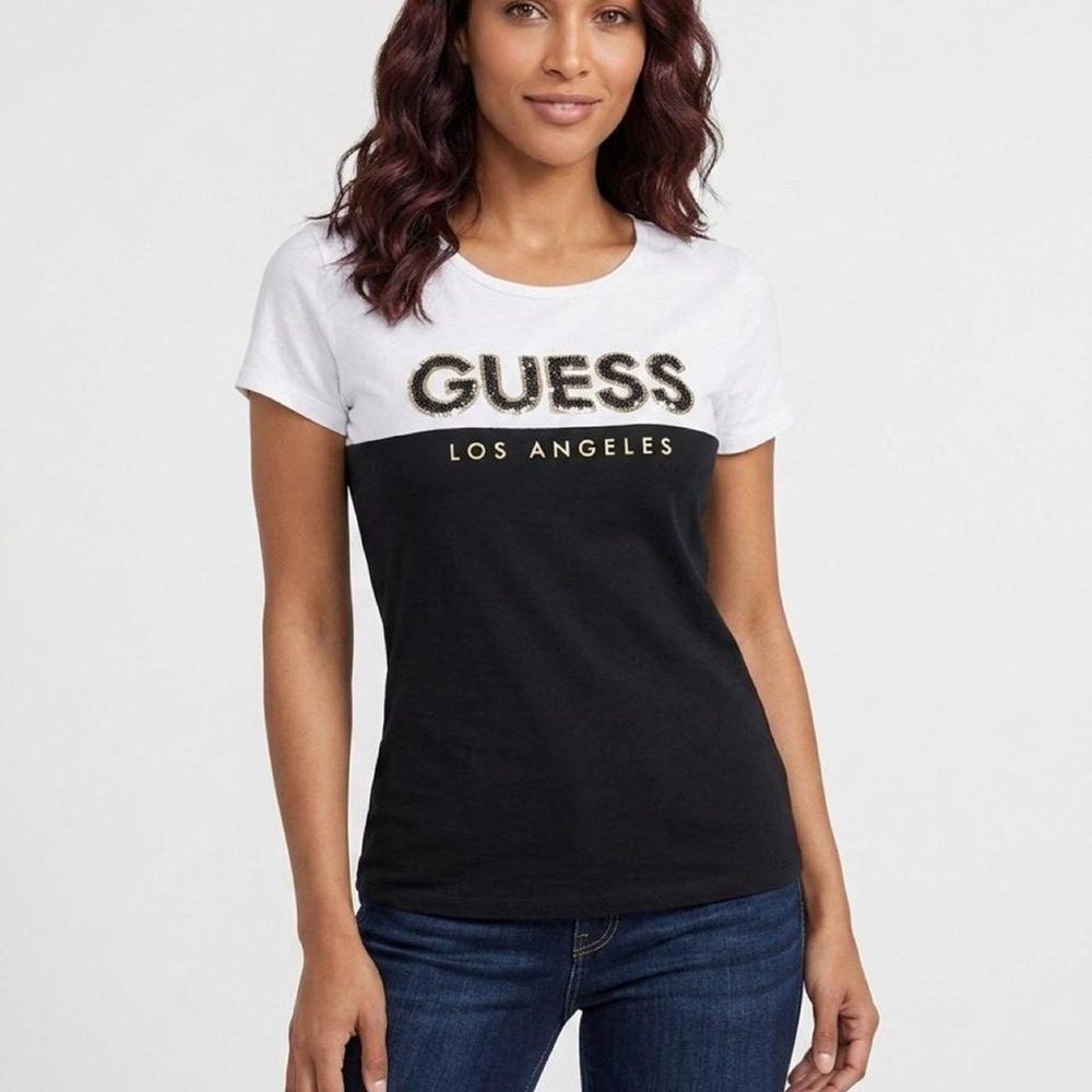 GUESS Los Angeles Sequin Logo Color Block T-Shirt Size L GUESS